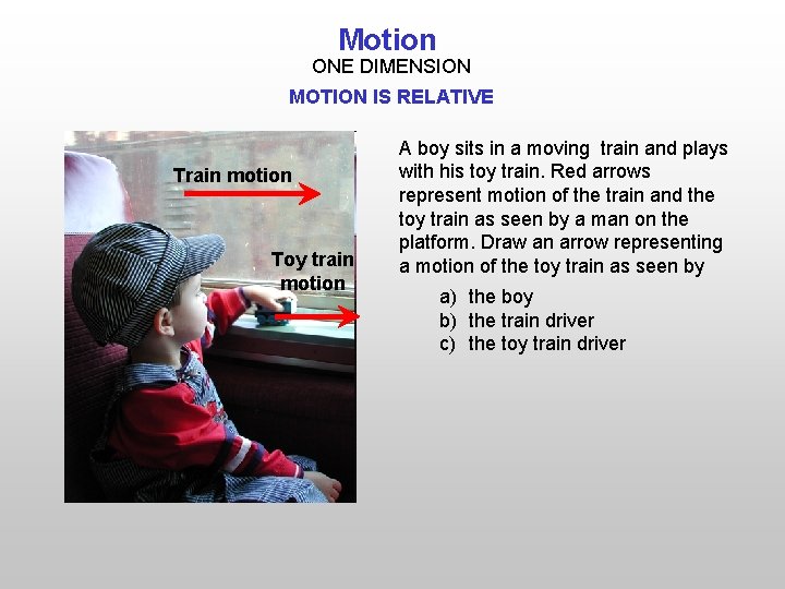 Motion ONE DIMENSION MOTION IS RELATIVE Train motion Toy train motion A boy sits