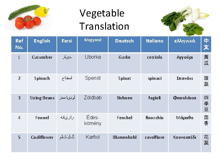 Vegetable Translation Ref No. English Farsi Magyarul Deutsch Italiano ελληνικά 中 文 1 Cucumber Vegetable Translation Ref No. English Farsi Magyarul Deutsch Italiano ελληνικά 中 文 1 Cucumber
