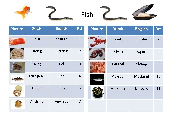 Fish Picture Dutch English Ref 1 Kreeft Lobster 7 Herring 2 Inktvis Squid 8 Fish Picture Dutch English Ref 1 Kreeft Lobster 7 Herring 2 Inktvis Squid 8