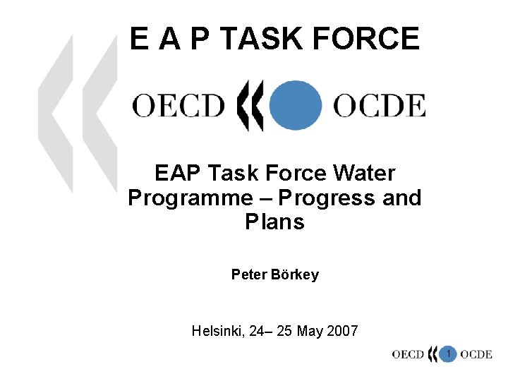 E A P TASK FORCE EAP Task Force Water Programme – Progress and Plans