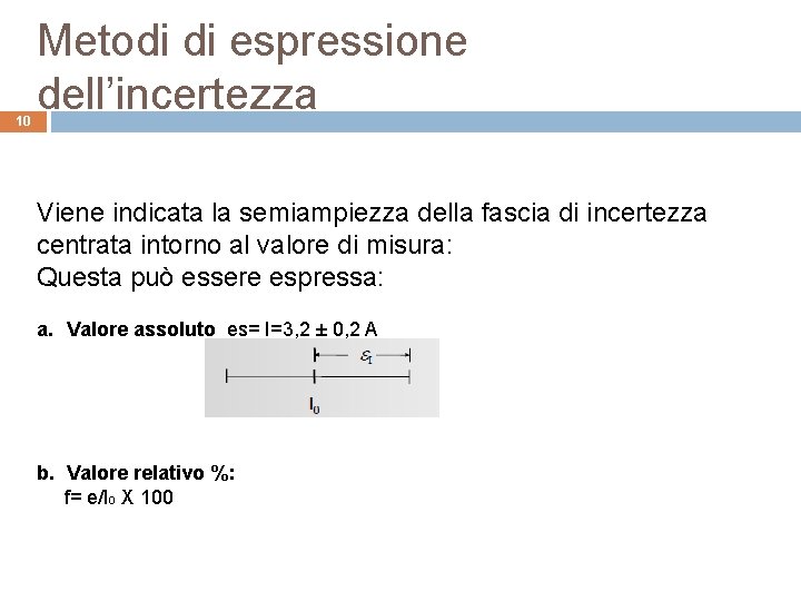 10 Metodi di espressione dell’incertezza Viene indicata la semiampiezza della fascia di incertezza centrata