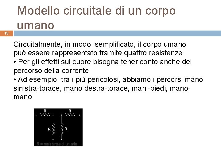 15 Modello circuitale di un corpo umano Circuitalmente, in modo semplificato, il corpo umano