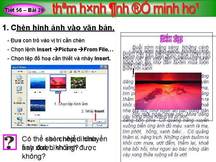 Tiết 56 – Bài 20 1. Chèn hình ảnh vào văn bản. - Đưa