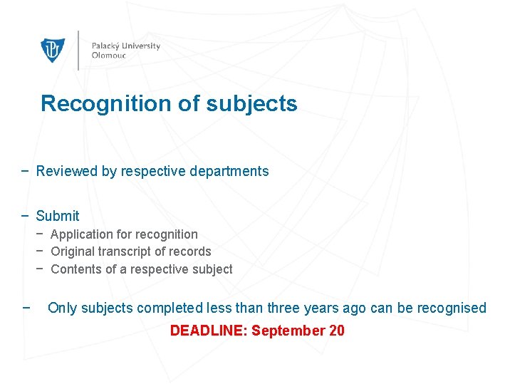 Recognition of subjects − Reviewed by respective departments − Submit − Application for recognition