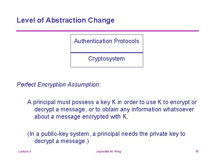 Level of Abstraction Change Authentication Protocols Cryptosystem Perfect Encryption Assumption: A principal must possess