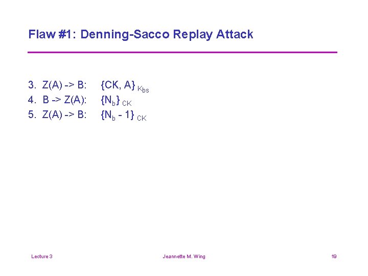 Flaw #1: Denning-Sacco Replay Attack 3. Z(A) -> B: 4. B -> Z(A): 5.