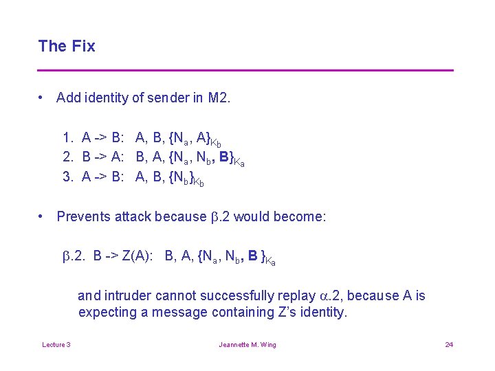 The Fix • Add identity of sender in M 2. 1. A -> B: