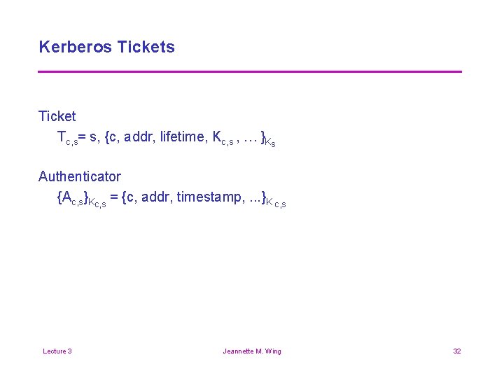 Kerberos Ticket Tc, s= s, {c, addr, lifetime, Kc, s , … }Ks Authenticator