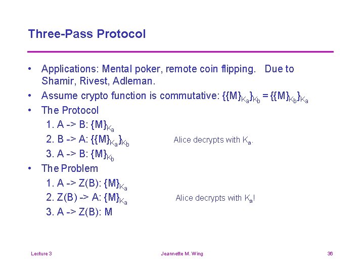 Three-Pass Protocol • Applications: Mental poker, remote coin flipping. Due to Shamir, Rivest, Adleman.