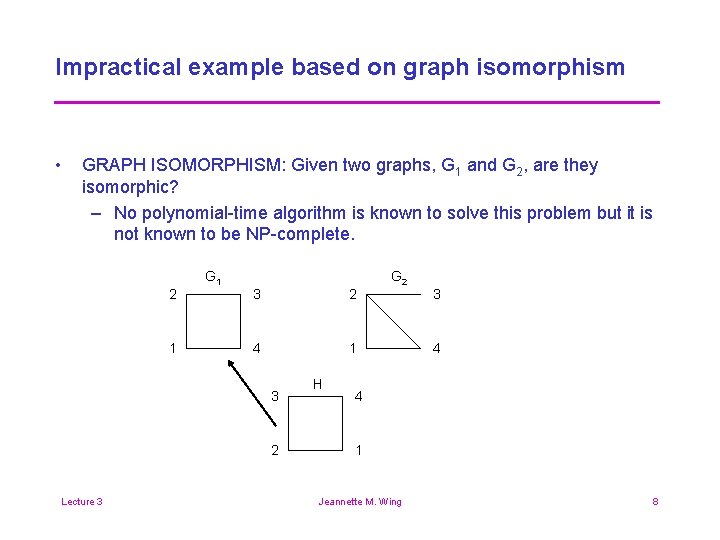 Impractical example based on graph isomorphism • GRAPH ISOMORPHISM: Given two graphs, G 1