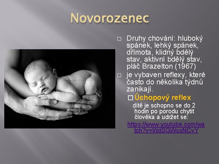 Novorozenec � � Druhy chování: hluboký spánek, lehký spánek, dřímota, klidný bdělý stav, aktivní