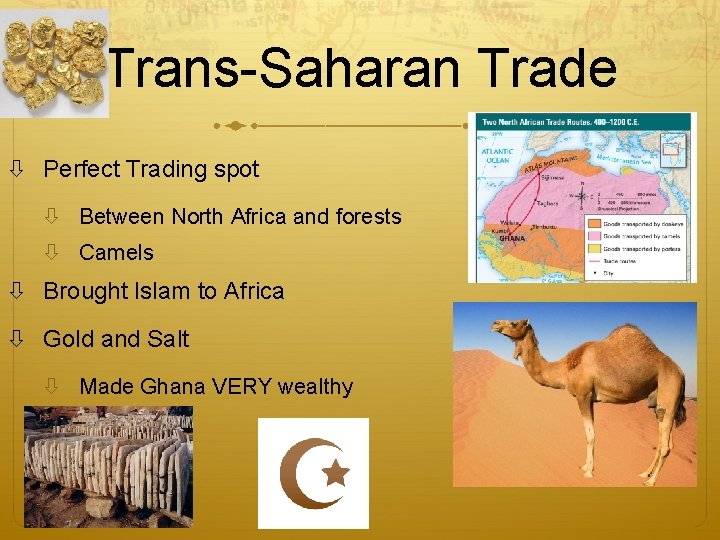 Trans-Saharan Trade Perfect Trading spot Between North Africa and forests Camels Brought Islam to