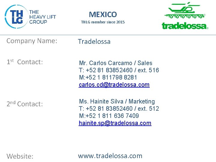 MEXICO THLG member since 2015 Tradelossa Mr. Carlos Carcamo / Sales T: +52 81