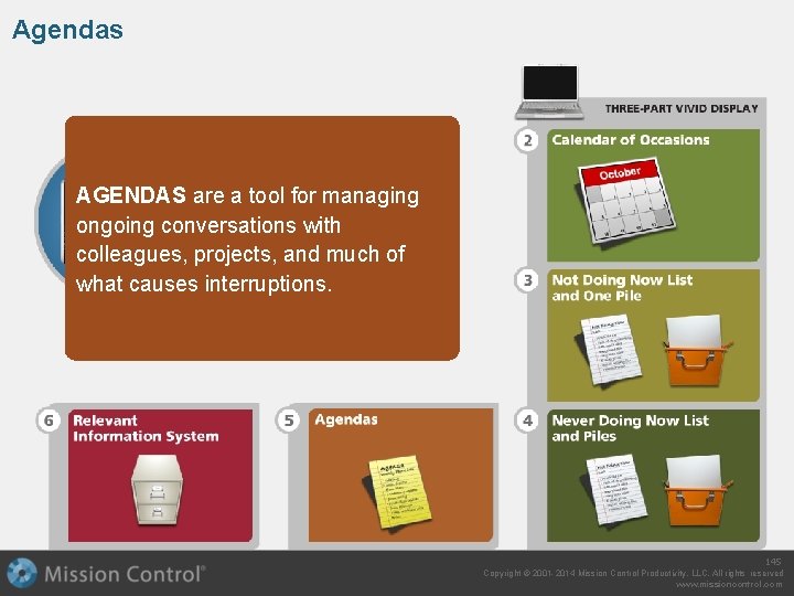Agendas AGENDAS are a tool for managing ongoing conversations with colleagues, projects, and much