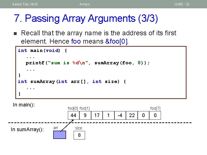 Aaron Tan, NUS Arrays Unit 8 - 32 7. Passing Array Arguments (3/3) n