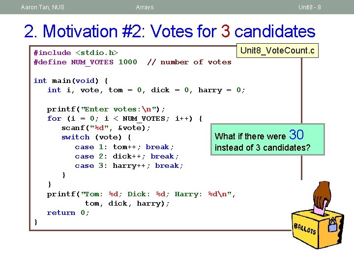 Aaron Tan, NUS Arrays Unit 8 - 8 2. Motivation #2: Votes for 3