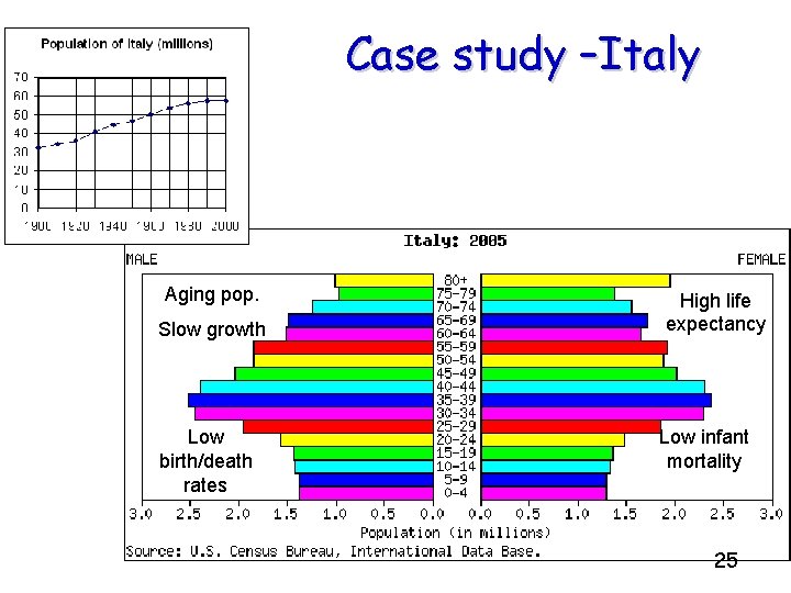 Case study –Italy Aging pop. Slow growth Low birth/death rates High life expectancy Low