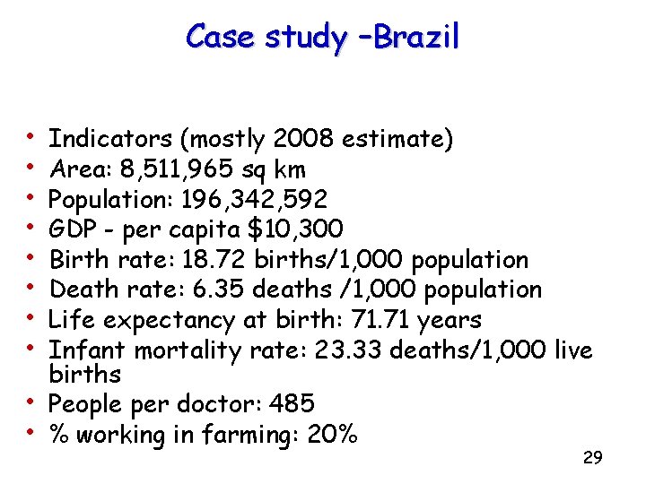 Case study –Brazil • • • Indicators (mostly 2008 estimate) Area: 8, 511, 965