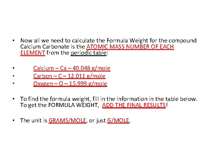  • Now all we need to calculate the Formula Weight for the compound