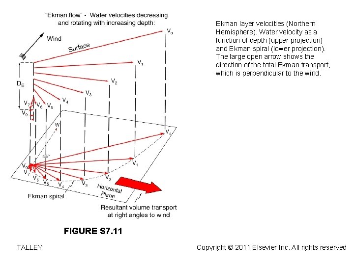 Ekman layer velocities (Northern Hemisphere). Water velocity as a function of depth (upper projection)