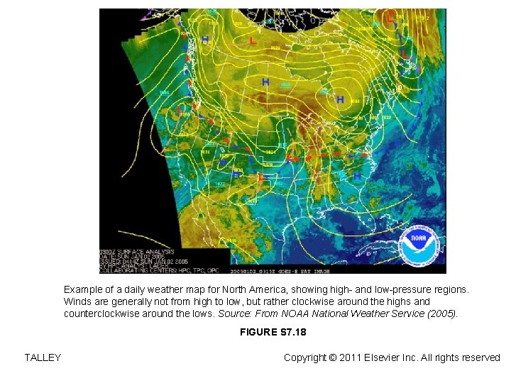 Example of a daily weather map for North America, showing high- and low-pressure regions.