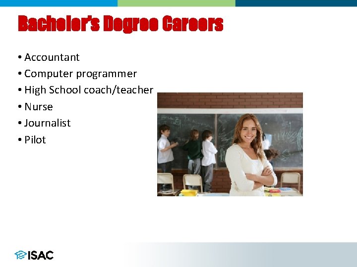 Bachelor’s Degree Careers • Accountant • Computer programmer • High School coach/teacher • Nurse