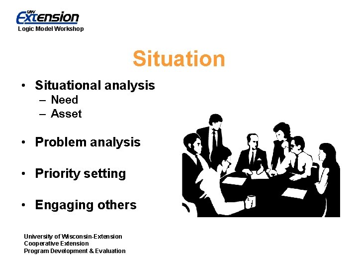 Logic Model Workshop Situation • Situational analysis – Need – Asset • Problem analysis