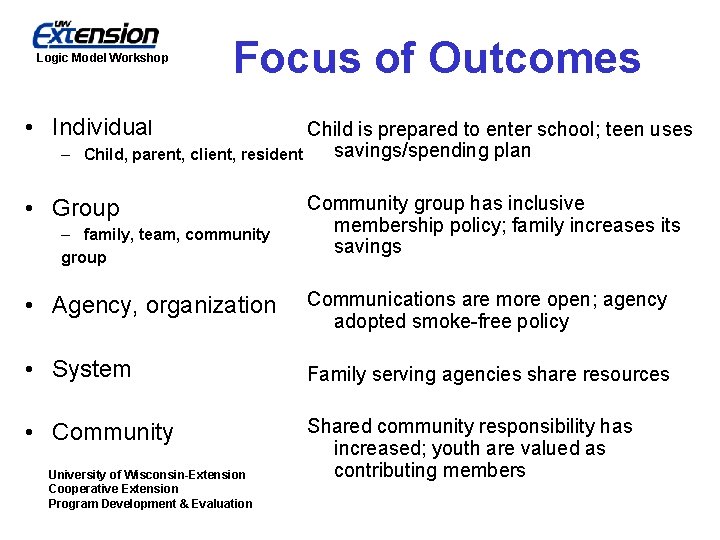 Logic Model Workshop Focus of Outcomes • Individual Child is prepared to enter school;