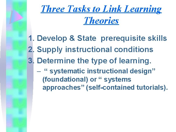 Three Tasks to Link Learning Theories 1. Develop & State prerequisite skills 2. Supply