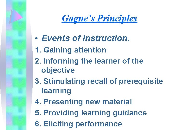 Gagne’s Principles • Events of Instruction. 1. Gaining attention 2. Informing the learner of