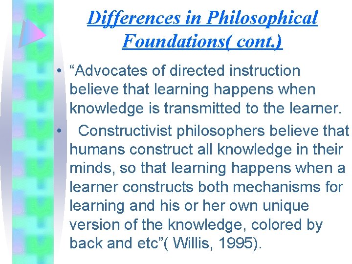 Differences in Philosophical Foundations( cont. ) • “Advocates of directed instruction believe that learning