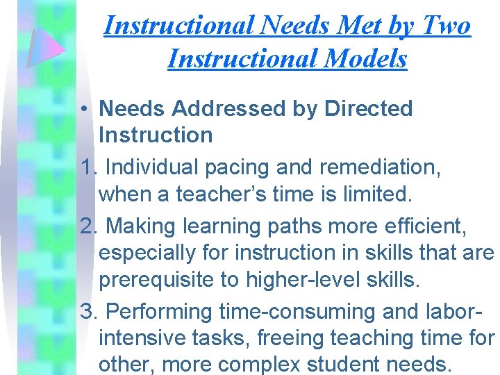 Instructional Needs Met by Two Instructional Models • Needs Addressed by Directed Instruction 1.