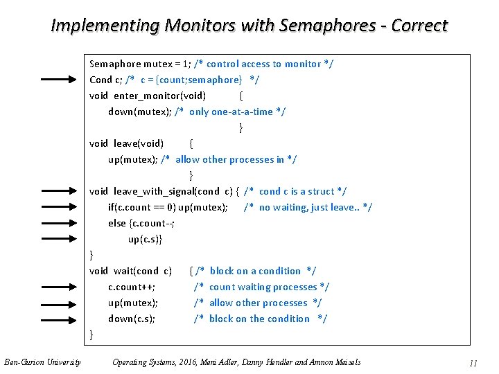 Implementing Monitors with Semaphores - Correct Semaphore mutex = 1; /* control access to