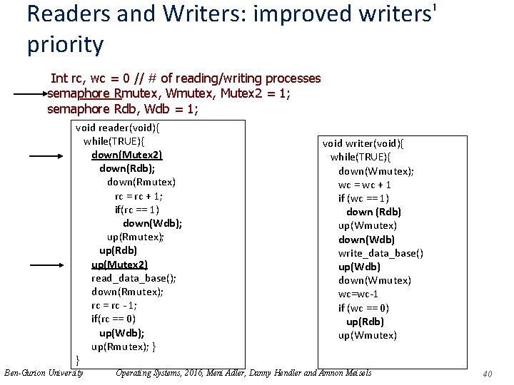Readers and Writers: improved writers' priority Int rc, wc = 0 // # of
