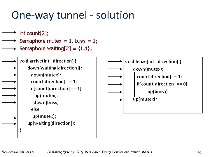 One-way tunnel - solution int count[2]; Semaphore mutex = 1, busy = 1; Semaphore