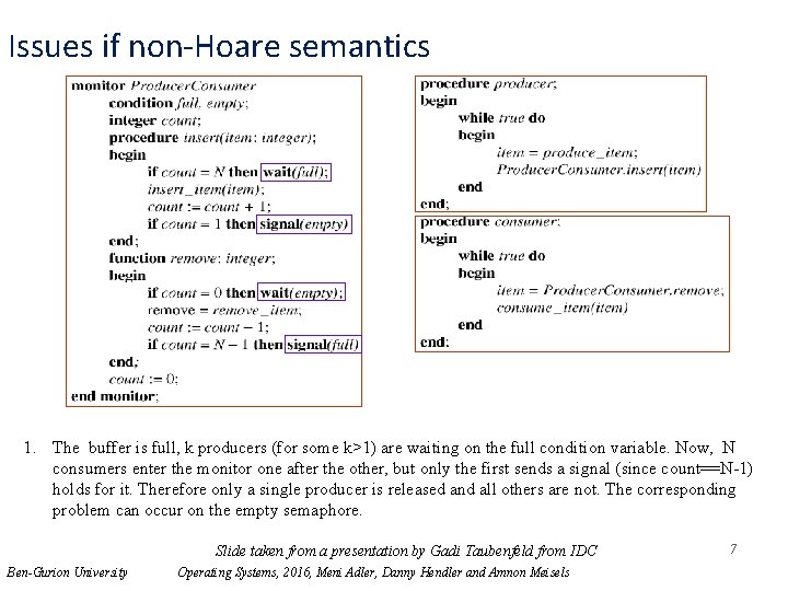 Issues if non-Hoare semantics 1. The buffer is full, k producers (for some k>1)