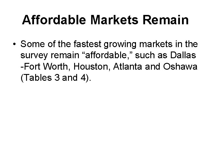 Affordable Markets Remain • Some of the fastest growing markets in the survey remain