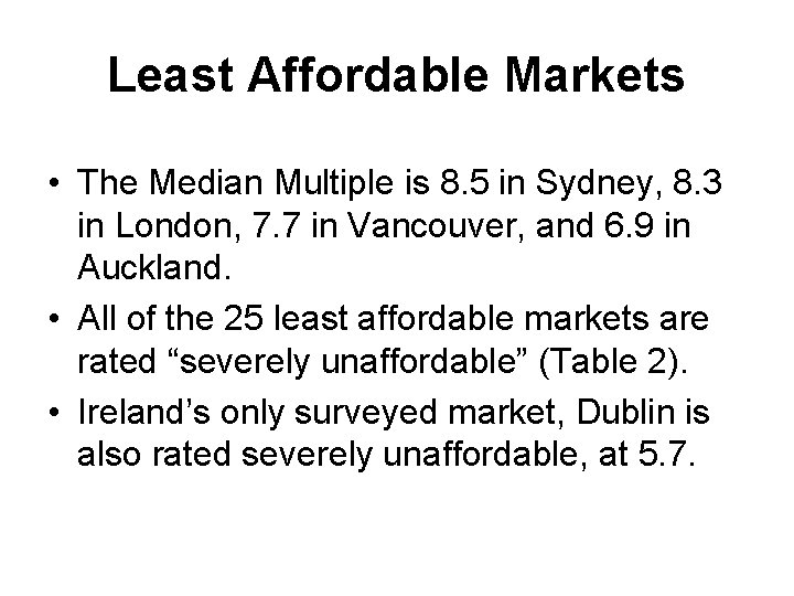 Least Affordable Markets • The Median Multiple is 8. 5 in Sydney, 8. 3