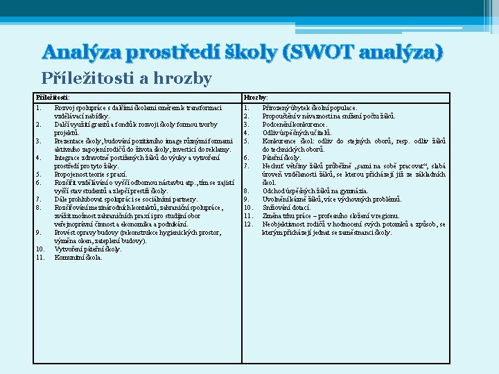 Analýza prostředí školy (SWOT analýza) Příležitosti a hrozby Příležitosti: Hrozby: 1. 2. 3. 4.