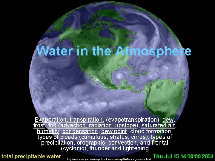 Water in the Atmosphere Evaporation, transpiration, (evapotranspiration), dew, frost, fog (advection, radiation, upslope), saturated