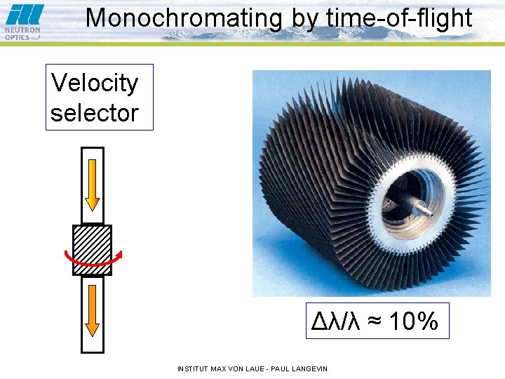 Monochromating by time-of-flight Velocity selector Δλ/λ ≈ 10% INSTITUT MAX VON LAUE - PAUL