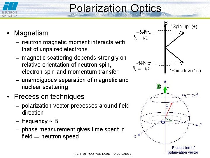 Polarization Optics B • Magnetism “Spin-up” (+) +½ħ – neutron magnetic moment interacts with