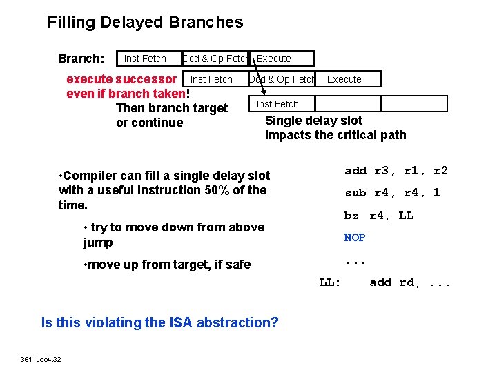 Filling Delayed Branches Branch: Inst Fetch Dcd & Op Fetch Execute execute successor Inst