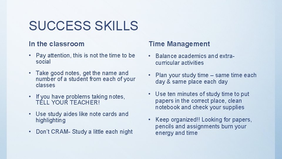 SUCCESS SKILLS In the classroom Time Management • Pay attention, this is not the