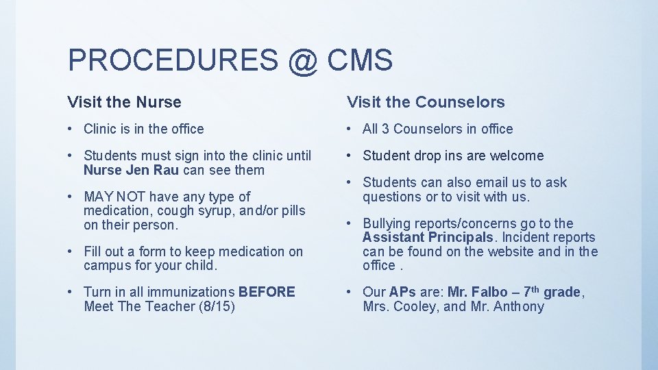 PROCEDURES @ CMS Visit the Nurse Visit the Counselors • Clinic is in the