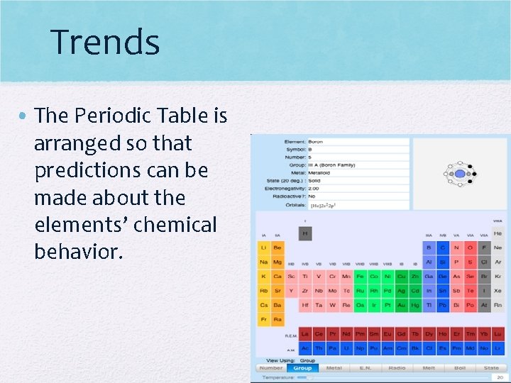 Trends • The Periodic Table is arranged so that predictions can be made about