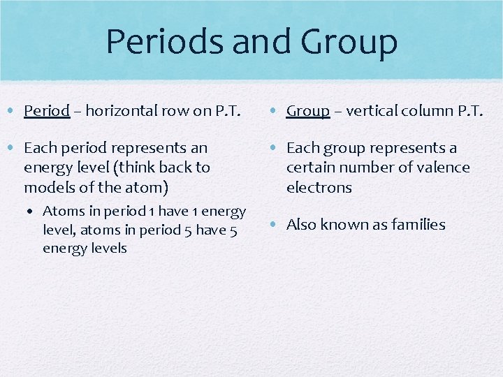 Periods and Group • Period – horizontal row on P. T. • Group –