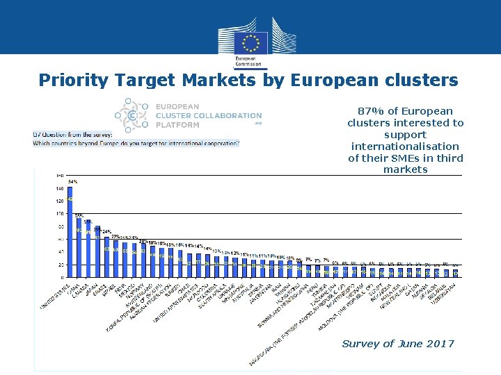 Priority Target Markets by European clusters 87% of European clusters interested to support internationalisation