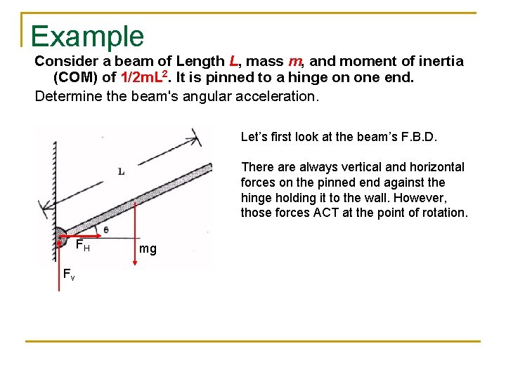 Example Consider a beam of Length L, mass m, and moment of inertia (COM)