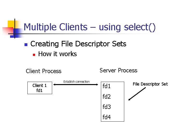 Multiple Clients – using select() n Creating File Descriptor Sets n How it works